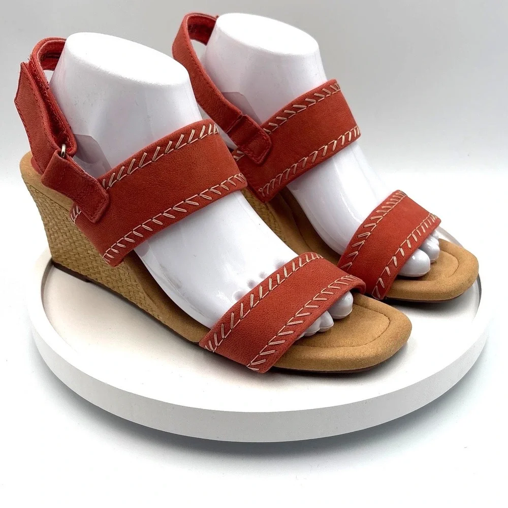 Clarks Collection Women Burnt Orange Whipstitch Wedge Sandals Size 10 W 26177316